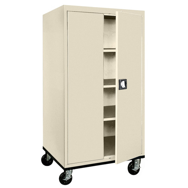 Transport your items with the Sandusky Transport Series 36inW Heavy-Duty Mobile Storage Cabinet. This locking cabinet is made of welded steel for durability, and it features adjustable shelves for ample storage space. The caster base has non-marring wheels for convenient mobility, and the 3-point locking system helps keep contents secure.  3 adjustable shelves with fixed bottom shelf.  Recessed handle with 3-point locking system.  Reinforced door stiffener panels.  Heavy-duty cabinet caster base with 5in non-marring wheels.  Made of welded steel.  Weight capacity tested to support 800 lb (200 lb per shelf).  Save time - no assembly required.  This product is heavy and/or oversized and may need more than one person to handle.