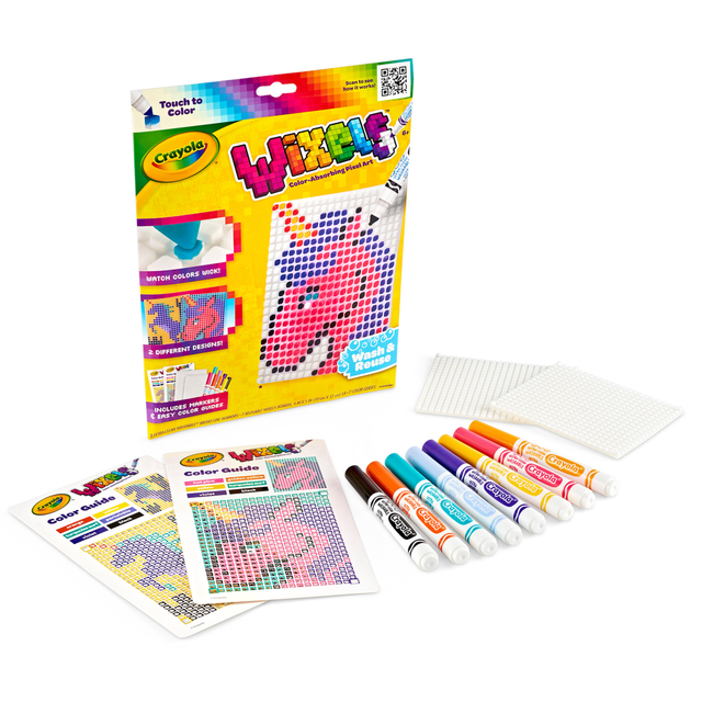 Discover a unique way to create with the Crayola Wixels Activity Kit. This kit uses capillary action to wick ink into the panel, helping teach focus, patience and precision to young creatives.  Capillary action allows ink to wick into the panel.  Helps teach focus, patience and precision.  Suitable for kids ages 6 and up.  Includes 2 Wixel Panels, 2 color maps and 8 washable markers.