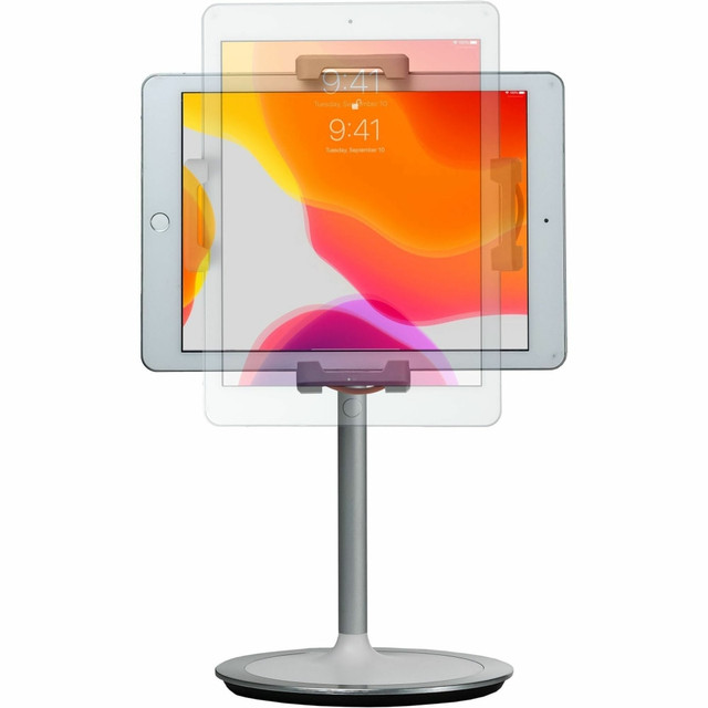 Compatible with smartphones and tablets 5 to 9.125 inches in height or length, including iPhone 7, iPad Pro 12.9, iPad Gen. 6 (2018), and more  Tilting, 360-degree rotating headpiece  Resizable holder with comfortable grip-strings  Sturdy, weighted metal base with scratch protective padding  Telescoping height-adjustable pole