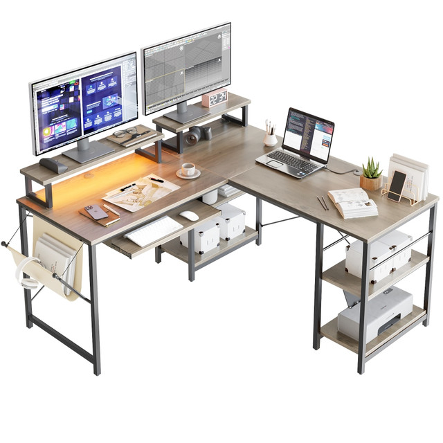 Bestier L Shaped Desk with Shelves 95.2 Inch Reversible Corner Computer Desk or 2 Person Long Table for Home Office Large Gaming Writing Storage Workstation P2 Board with 3 Cable Holes  LED L Desk: The RGB light reflects 7 main colors and 20 dynamic modes under the operation of controller, creating an immersive gaming experience. The light strip can be mounted on either of 2 monitor stands  Dual Monitor Stand Desk: 2 individual monitor stands on the desktop for an ergonomic sight on screen and computer, helping to reduce neck and back pain. Equipped with 8 extra pads under the stands for more stability  Desk with Keyboard Tray and Bag: The tray is 23.6inL x 11.8inW, suitable for most keyboards. There are 2 steel slides on 2 sides under the desk, smooth enough to push and pull out. The bag is adjusted between 0-45 degrees by wrapping the rope around the iron rod. The max load capacity is 5.5 lbs  2 Different Configurations: Chosen it to be a 59.5in l shaped desk or a 95.2in double long desk, its up to you. The l option makes full use of corner space and the long option is very suitable for 2 person working together  Flexible Storage Shelves: The shelves under desk can be installed at Right + Middle or Left + Middle when becoming an l-shaped desk; also can be Right + Middle when a long desk  Features monitor stands, a side pocket and a keyboard tray.  This product is heavy and/or oversized and may need more than one person to handle.  Contains Recycled Content - See Specs for Details.