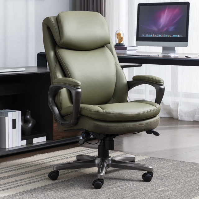 Stay comfortable and productive throughout the day when seated in the Serta Smart Layers Arlington Air Ergonomic Bonded Leather High-Back Executive Office Chair. The contoured lumbar zone helps to minimize pressure on your lower back during long periods of sitting. Integrated casters make it simple to move around your space.  Ergonomic office chair offers comfort throughout the day.  Recommended for professional use 8-10 hours per day.  Weight capacity tested to support 275 lb.  Overall Dimensions: 45-1/2inH x 27-1/2inW x 31-1/4inD.  Plywood frame.  High back.  Smart Layers seat maximizes comfort.  Soft bonded leather upholstery on all seating surfaces.  Broad headrest.  Integrated lumbar support.  Waterfall seat.  Serta office chair boasts height and tilt adjustments.  Padded loop armrests.  Casters offer smooth mobility.  Assembly required.  Backed by the manufacturer's 10-year limited warranty.  ANSI/BIFMA Compliant - This product has been tested and verified for compliance with rigorous performance requirements and safety standards related to specific furniture products.  Tested to meet ANSI/BIFMA Performance Standards - Manufacturer testing has been conducted on this product to meet specific performance requirements and safety standards set forth by the American National Standards Institute (ANSI) and the Business and Institutional Furniture Manufacturers.