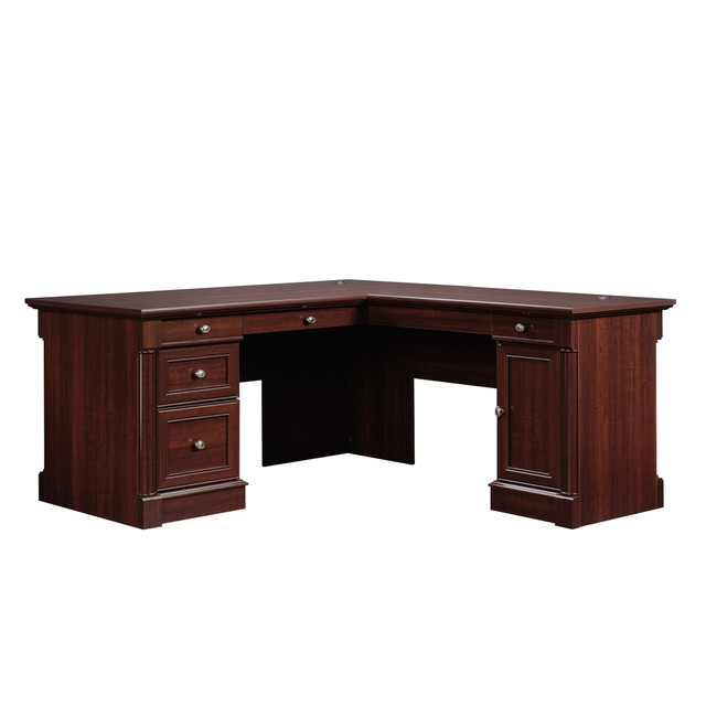 An efficient work area can help ensure that everything you need is within easy reach during a busy day. This versatile Sauder L-shaped desk give you the space you need to keep office supplies handy inside the storage drawer and organize your files in the full-extension file drawer. The side door of this Palladia Collection desk reveals a storage area with an adjustable shelf that can be uses to hold extra paper or even your CPU.  Engineered wood construction for durability.  Flip-down keyboard/mouse panel easily tucks away.  3 storage drawers and 1 file drawer holds office essentials and documents.  Cabinet with adjustable shelf can be used to conceal a CPU.  This product is heavy and/or oversized and may need more than one person to handle.