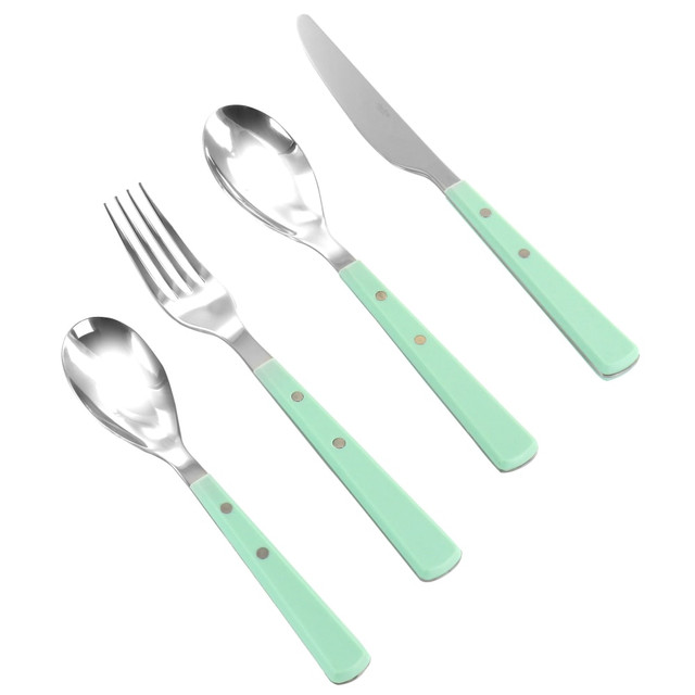 Eat your next meal in style with the Martha Stewart Garden Cottage stainless steel flatware set. This set was crafted from durable stainless steel for long-lasting strength.  Crafted from stainless steel for long-lasting durability.  Dishwasher safe.  Includes 4 dinner forks, 4 dinner spoons, 4 dinner knives and 4 teaspoons.  Stylish mint color.
