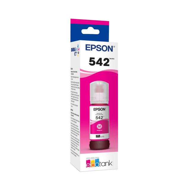 Compatible Epson models: ET : EcoTank Pro ET-5150, EcoTank Pro ET-5170, EcoTank Pro ET-5180, EcoTank Pro ET-5800, EcoTank Pro ET-5850, EcoTank Pro ET-5880, EcoTank Pro ET-16500, EcoTank Pro ET-16600, EcoTank Pro ET-16650.   WorkForce:  Pro ST-C5000,  Pro ST-C5500,  ST-C8000,  ST-C8090.  .  Refill your home or office printer with an Epson EcoTank 542 Ink Refill. Each refill can yield thousands of professional-quality pages with crystal-clear text and images.  Yields up to 6,000 pages per refill.  Ultra high-capacity ink bottles are uniquely keyed for easy filling.  Expect sharp text and brilliant colors.  Vivid magenta ink.  Recycling solution - designed to encourage recycling, helping you divert materials from landfill.