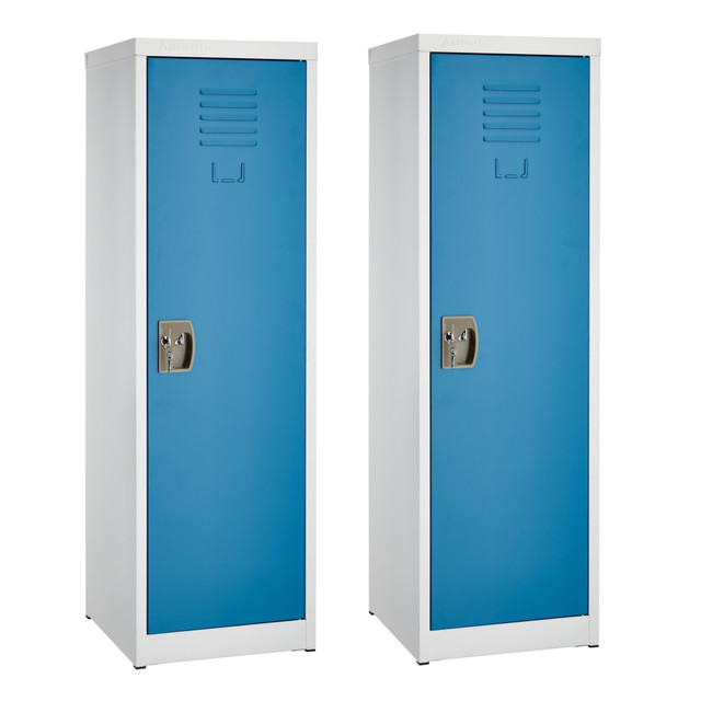 Use the Alpine 1-Tier Steel Lockers to organize classroom essentials, art supplies, accessories and more. With a durable steel construction and built-in shelves, these student lockers offer strength and ample space for your belongings. Dual locking mechanisms provide peace of mind.  Storage lockers are constructed with steel framing and sides for durability.  Built-in shelves and 2 hooks for storage.  Vented doors help reduce bacteria and prevent odor.  Dual-locking mechanisms help protect contents.  Rubber feet on the bottoms offer stability.  Convenient name tag slots allow for personalization.  Each locker comes with 2 keys and assembly hardware.  Assembly required.  Backed by the manufacturer's 1-year warranty.  Stylish blue design.