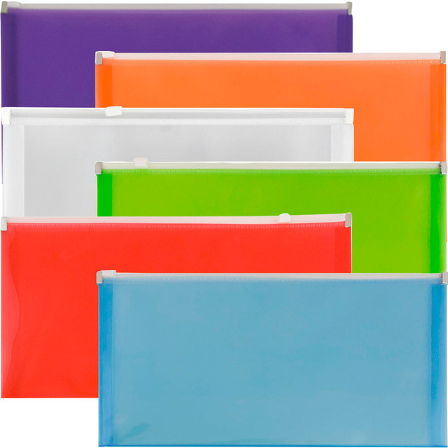These wallet envelopes are ideal for holding smaller documents, like deposit slips and checks. The secure zipper closure helps keep your items inside of the envelope while you are on the go.  Designed to hold and carry smaller items and documents such as checks, deposit slips, receipts and more.  Plastic construction provides a water- and tear-resistant design to help protect important documents.  1in expansion accommodates multiple documents at once.  Zipper closure is easy to use and keeps items secure.  6-pack includes red, blue, lime green, orange, purple and clear envelopes.