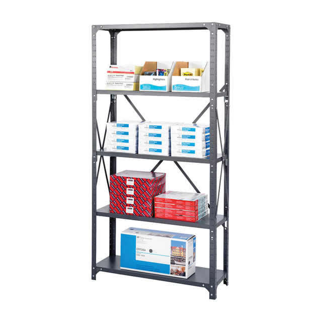 Includes 6 shelves, posts and compression clips  Shelves can be easily repositioned in 1in increments. Post kit includes four 75in high posts (must be ordered with each shelf pack).  Features corner brackets to help prevent rocking and improve overall stability.  Hat channel under every shelf helps increase strength.  Each shelf holds up to 750 lb.  Powder Coated  2100 lb. Capacity  GREENGUARD certified - certified for low chemical emissions: UL.COM/GG - UL 2818. Ranked in two tiers: Certified and Gold.  This product is heavy and/or oversized and may need more than one person to handle.  Less harsh chemicals - made with fewer harsh chemicals, or safer chemicals than typical alternatives, helping  reduce your use of and exposure to substances that may be more harmful to your health and the environment.