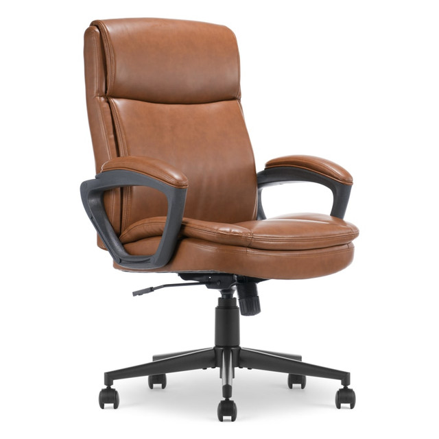 Make your desk a place you love to be with the Comfort Ergo chair. Its modern aesthetic and ergonomic features ensure you can work comfortably and efficiently throughout your workday. Because the body shifts and moves into different positions, the mid-back office chair allows for natural mobility in the upper body and arms for freedom of movement. Gentle contours in the backrest conform to your natural spinal curves and provide lumbar support to encourage good posture and reduce pressure on your lower back. Whether you are seated for short durations or long, extended hours, the well-cushioned backrest, armrests and double-layer waterfall edge seat keep you relaxed and supported with a semi-plush comfort feel. A 360 swivel metal base sits atop double-wheel casters that smoothly glide over rugs and carpets, making it easy to scoot around your workstation. Plus, finding your ideal seated position is a breeze with the convenient seat-side lever to adjust the height and lock the tilt in the upright position. Feel the difference of this Serta Comfort ergonomic office chair every time you take a seat. It will help you stay focused and productive so that you can check the boxes on your daily tasks.  Smooth leather-like upholstery.  Layered foam seat cushion offers comfort.  Easy-to-use control lever for height and recline lockout adjustments.  Adjustable tilt tension to personalize the recline.  Ergonomic padded armrests.  Executive office chair boasts a lightweight, durable metal base.  Durable 360 deg. dual-wheel swivel casters glide across most carpet types.  Weight capacity tested to support 275 lb.  Casters are intended for use on carpet and are not recommended for use on tile or hardwood floors.  Assembly required.  Overall Dimensions: 45inH x 27inW x 31inD.  Backed by the manufacturer"s 1-year limited warranty.  Tested to meet ANSI/BIFMA Performance Standards - Manufacturer testing has been conducted on this product to meet specific performance requirements and safety standards set forth by the American National Standards Institute (ANSI) and the Business and Institutional Furniture Manufacturers.
