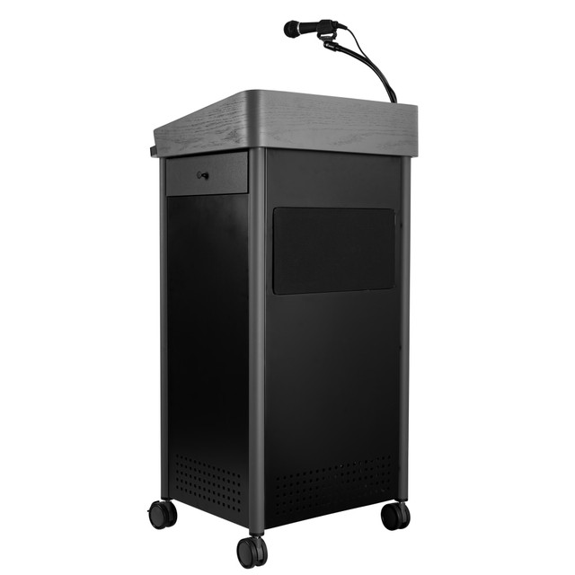 Provide a complete multi-media presentation experience for your lecture guests with the National Public Seating Oklahoma Sound Greystone Lectern With Sound. Built-in shelves and a locking cabinet help you protect presentation essentials like microphones, speakers and your laptop.  Made from curved plywood.  Large reading surface.  2 pull-out shelves.  Built-in locking steel cabinet.  Hooded twin wheel casters for mobility.  Built-in microphone holder.  Cord management system.  Assembly required.  Backed by the manufacturers 10-year limited warranty.  Includes a wired handheld microphone, wired tie clip microphone and gooseneck shock mount microphone holder.  This product is heavy and/or oversized and may need more than one person to handle.