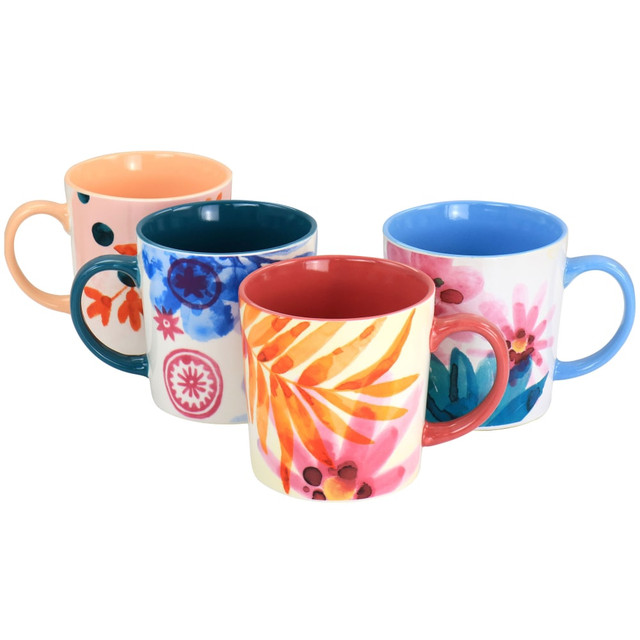 Enjoy a hot cup of coffee with the Spice by Tia Mowry Goji Blossom Fine Ceramic 4-Piece Mug Set. The fine ceramic construction offers lasting use, while the glossy finish and floral patterns deliver a unique look.  Durable fine ceramic construction.  Glossy finish.  Floral outer design adds style.  Dishwasher and microwave safe.