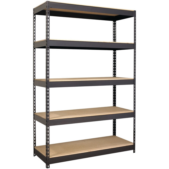 Includes 5 shelves and holds a total capacity of 3,800 lb. - evenly distributed  Heavy-duty, riveted steel construction; shelf made of treated particleboard  Boltless design assembles with rubber mallet in less than 30 minutes  Shelving assembles vertically or horizontally  This product is heavy and/or oversized and may need more than one person to handle.  Contains Recycled Content - See Specs for Details.