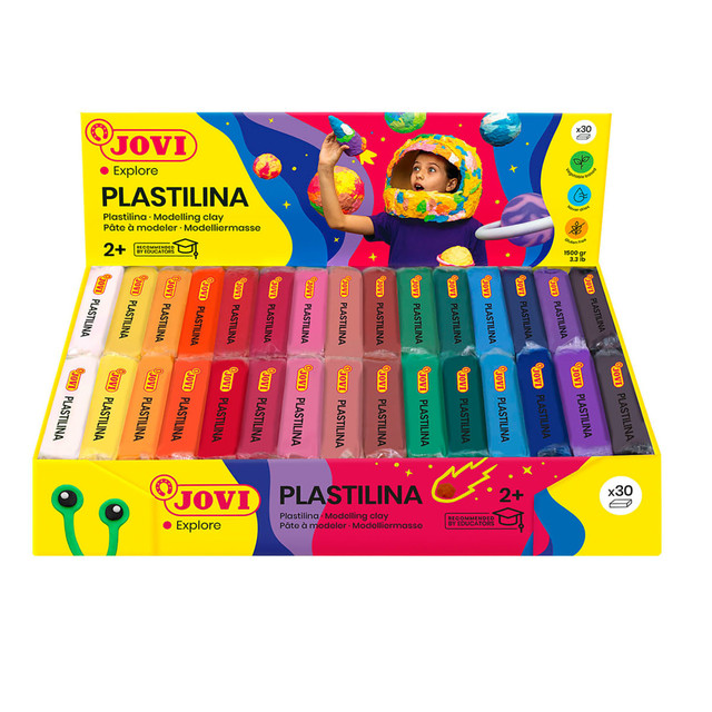 JOVI Plastilina is a vegetable-based modeling clay that never dries, making it perfect for endless creative fun! Ideal for children aged 2 and up, this vibrant and malleable clay comes in a variety of colors, inspiring imagination and artistic exploration. Unlike mineral-based clays, JOVI Plastilina allows for sculpting with impressive volume and detail, ensuring hours of versatile and safe playtime.  Vegetable-based modeling clay that never dries out  Perfect for children aged 2 and up, with vibrant, fun colors  Allows for impressive volume and detailed sculpting  Gluten-free and safe for young artists  Easy to mold, shape, and use with molds for added creativity  Sold as a display box of 30 individually wrapped, 50-gram bars  Designed for endless artistic exploration and fun  Durable and reusable for long-lasting play  Colors include black, dark blue, light blue, light green, dark green, light brown, lilac, red, orange, beige, neon pink, neon orange, pink, yellow, white (2 bars each of 15 colors).