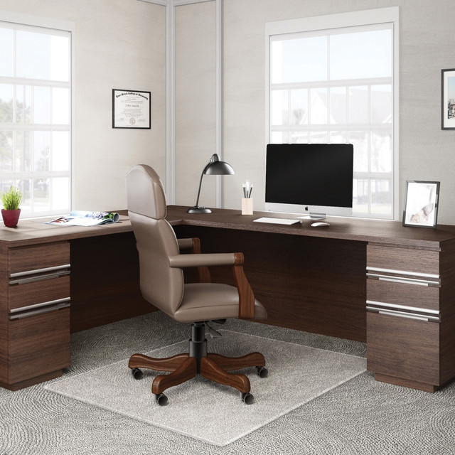 Designed for medium-pile carpets with up to 3/4in thickness  Medium-weight chair mat protects carpet from daily wear and tear.  Unique notched stud design grips carpet without piercing or damaging carpet backing.  Beveled edge allows smooth chair movement.  Backed my manufacturers limited lifetime product replacement warranty.