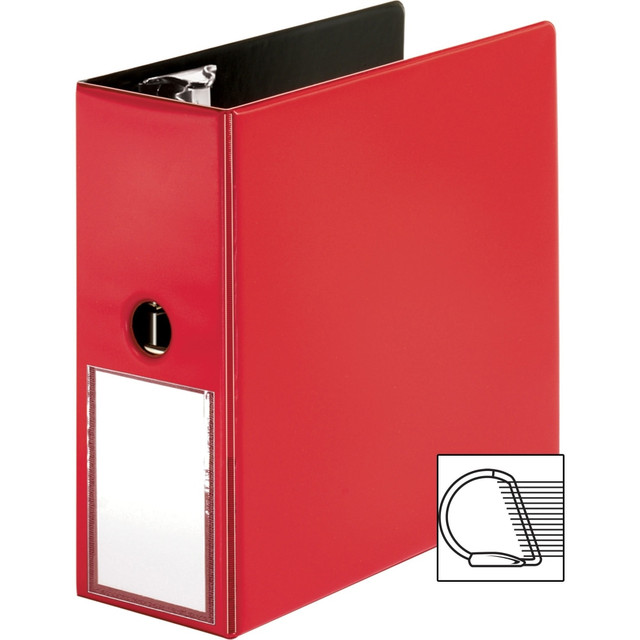 Binder features slanted D-rings to hold more sheets and allow lay-flat visibility. Transparent label holder on the spine lets you quickly find the binder you need. Interior pockets conveniently keep your loose files and papers easily accessible. 5in back-mounted rings hold up to 1,050 sheets of paper. Binder is perfect for projects, training manuals, reports, presentations and more.    Utility pocket inside front cover and double opening/closing boosters  Label holder on spine for easy identification  Slant D-Ring designed for maximum capacity - holds up to 25% more paper than same-size round rings  No-gap rings are back-mounted so pages lie flat; stay tightly closed without gaps