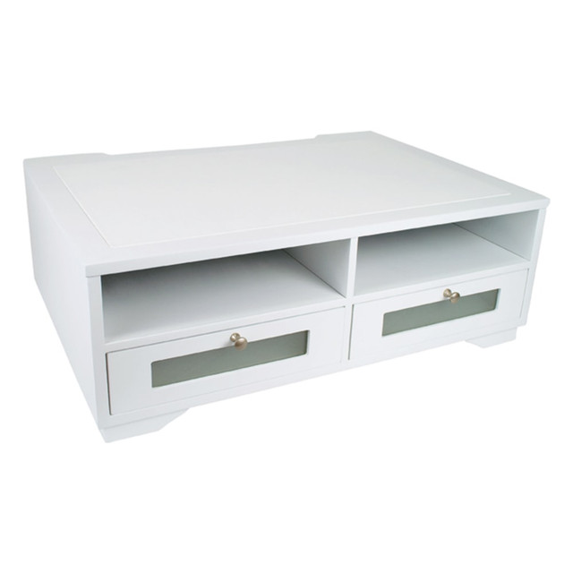 Store your printer in style!  Brushed metal handles, faux-leather top and frosted glass windows add a touch of class to your desktop.  Design includes 2 shelves to fit paper reams or folders.  The 2 drawers can be placed in any of the 4 locations for flexible storage of printer supplies.  Rear access space helps manage cables and allows flush positioning against the wall.  Sturdy 17 1/2 lb wood construction features a double-coated, matte white finish for durability.  Nonslip rubber feet reduce movement and protect your work surface from scratches and scuffs.  Large design holds desktop printers, monitors, fax, postage, or other office machines up to 19inW x 13inD and up to 45 lbs.