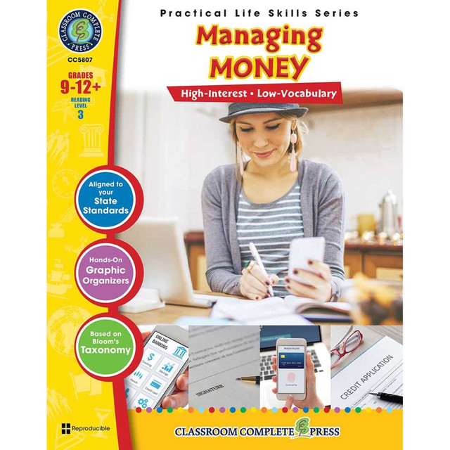 Make sure students get help understanding critical financial concepts by choosing the Classroom Complete Press Managing Money Book. This book provides information regarding credit, budgeting, contracts and more, using fun activities, games and quizzes to keep students interested.  Helps kids learn to make a monthly budget and how to save money.  Teaches about credit and shows kids how to open a savings account and plan for their financial future.  Helps students learn about contracts and what it means to co-sign a loan.  Uses reading passages, graphic organizers, real-world activities, crosswords, word searches and quizzes to teach these important ideas.