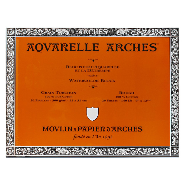 Designed for use with watercolor, gouache, pen and ink, acrylics and calligraphy, this Arches pad is a versatile addition to your studio. Use it with virtually any medium, so you are able to paint, draw and sketch, all in the same pad.  Watercolor block helps minimize the need for stretching.  Mould-made paper is acid free, chlorine free and made of 100% cotton fibers for extra strength and stability.  Paper is tub-sized in natural gelatin and air-dried.  Resists scrubbing, scratching and erasing while keeping the original intensity of the watercolor.  Each block consists of pre-stitched sheets of paper that are glued together along all 4 edges and supported by a rigid backing.  The top sheet is easily separated from the block by inserting a knife under the sheet and running it around the edges.  No optical brighteners are used. Natural white color will not yellow with age.  Aquarelle rough-press, 9in x 12in block is air dried to help make sure the color of your artwork stays sharp and clear.