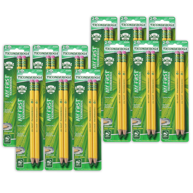 Help your little one work on writing and drawing with these Ticonderoga My First Pencils. The pencils are enlarged, making them easy to hold, and they feature thick graphite cores to help offer bold lines.  Made of premium wood for durability.  Thick graphite core helps provide broad, smooth lines.  Large size is great for small hands.  Latex-free eraser helps children make corrections without smudging.  Presharpened and ready to use.  Comes with a sharpener.  Comes with 12 packs with 2 pencils each.