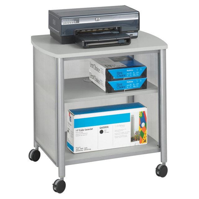Declutter your office 1 area at a time. This utility cart lets you enhance your work area with a functional storage solution for your printer or fax machine, copy paper and more. It even helps hide unsightly cords.  Generously sized top accommodates most machines.  Cord management features on this computer cart help to conceal wires.  Four 2 1/2in swivel casters (two locking) help this printer stand roll smoothly over floors.  Simple assembly is required.  Backed by the manufacturers limited lifetime warranty.  Steel frame features a powder-coat finish and translucent polycarbonate panels.  GREENGUARD certified - certified for low chemical emissions: UL.COM/GG - UL 2818. Ranked in two tiers: Certified and Gold.  Less harsh chemicals - made with fewer harsh chemicals, or safer chemicals than typical alternatives, helping  reduce your use of and exposure to substances that may be more harmful to your health and the environment.  Contains Recycled Content - See Specs for Details.