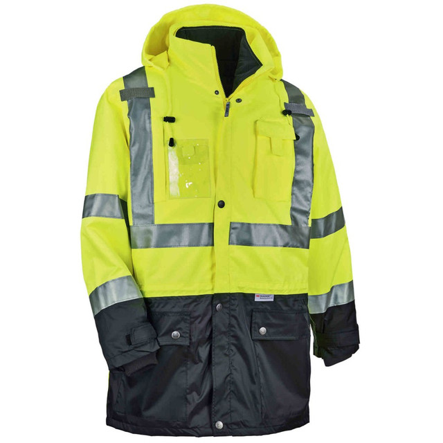 If you need a reliable and comfortable option for your next shift, try the Ergodyne GloWear 8388 4-in-1 Jacket. This kit combines the 8386 outer shell and the 8287 convertible thermal jacket providing several different ways to wear.  300-denier oxford polyester outer shell and a breathable PU coating for comfort.  100 grams of 3M Thinsulate lining to provide lasting warmth.  Features 2 external front pockets with snap flaps, an external zippered chest pocket, a cellphone chest pocket, a clear ID badge holder and dual mic tabs for radios.  Dark panels help hide dirt.  Inner jacket rips out and the sleeves zip off, creating a Class 2 thermal vest.  YKK #5 zippers.  2in ANSI-compliant 3M Scotchlite reflective elements to keep you visible at night.  Inset hood with drawstrings and stoppers helps provide weatherproof protection.