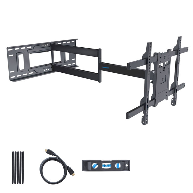 Mount your TV with the Mount-It! Full Motion TV Wall Mount With Extra Long Extension For Screen Sizes 40in To 80in. The dual-arm design helps prevent sagging, while the full motion design features +/-180 deg. swivel and +5/-10 deg. tilt to achieve the ideal viewing angle. The mount is made of steel for durability.  Extra-long arm provides a 38-13/16in extension from the wall.  Full motion design features +/-180 deg. swivel and +5/-10 deg. tilt to achieve the ideal viewing angle.  Dual-arm design helps prevent sagging.  VESA compatibility from 200x200 and 600x400.  Made of durable steel.  Includes a 6' HDMI cable, hook-and-loop straps and bubble level.  Weight capacity tested to support 121 lb.  Backed by the manufacturer's limited lifetime warranty.