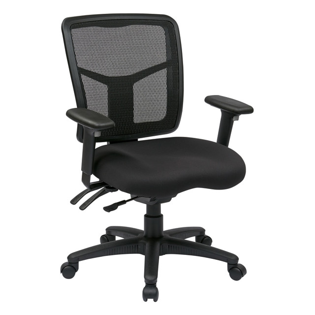 Upgrade your office seating with this modern desk chair from Office Star. The built-in lumbar provides comfortable support to your spine and lower back to help reduce pain and fatigue. Utilize seat height, back height and armrest adjustments to customize your seat.  Recommended for performance use 6-8 hours per day.  Weight capacity tested to support 275 lb.  Overall Dimensions: 39inH x 26-1/2inW x 25-1/4inD.  Mid-back office chair.  Saddle seat with foam padding.  ProGrid mesh upholstery.  Lumbar support.  Waterfall seat.  1-touch pneumatic height adjustment.  Ratchet back height adjustments.  Mesh-back office chair with height- and width-adjustable armrests.  360 deg. swivel.  Modern desk chair has rolling wheels.  Assembly required.  Backed by the manufacturers 1-year limited warranty.