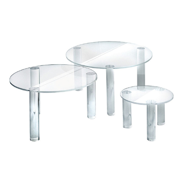 Arrange merchandise in an eye-catching way using this Azar Displays 3-Piece Acrylic Round Riser Set. These risers can be stacked, nested together or positioned individually, making it easy to freshen up your display as needed.  Small riser dimensions are 6inD x 4inH.  Medium riser dimensions are 9inD x 6inH.  Large riser dimensions are 12inD x 8inH.  Stacking and nesting design allows versatile placement.  Weight capacity tested to support 10 lb.