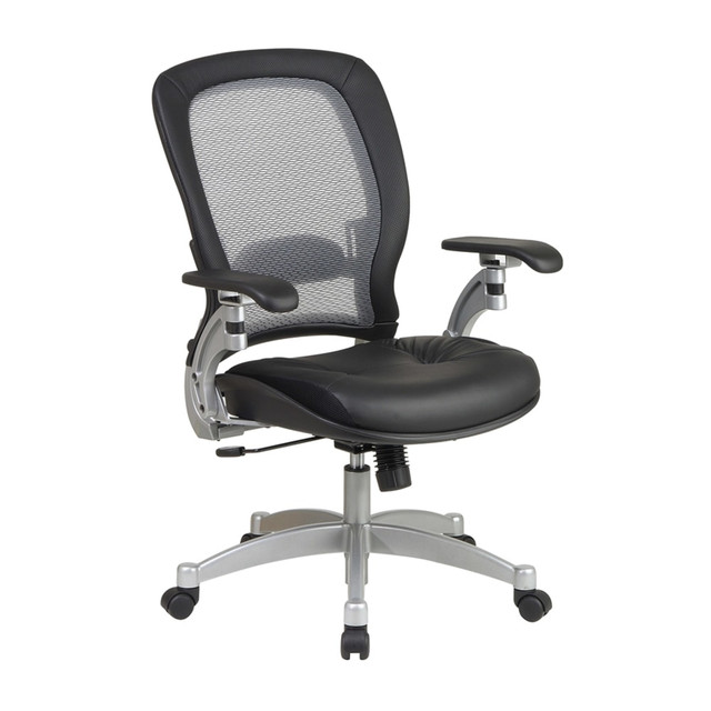 Ventilated backrest, breathable leather keep you cool and refreshed for hours!  Mesh material lets air circulate freely. While most backrests trap heat to cause perspiration and discomfort during long periods of sitting, the Air Grid back allows soothing air to flow through so you stay cool and refreshed hour after hour.  Top-grain leather is comfortable and beautiful. The seat cushion and outer edges of the backrest are covered in sumptuous black leather that naturally adapts to the shape of your body and "breathes" to keep you cool in summer and warm in winter.  Tilt controls for ideal positioning. The built-in synchro tilt control allows your chairs backrest to recline at twice the rate of the seat, so you can lean back and still keep your seat cushion relatively level with the floor distributing your weight more evenly between your torso and legs and aiding blood flow. Adjustable tilt tension lets you determine the amount of pressure required to lean back in your chair when you want to relax. A convenient lock keeps your tilt settings securely in place.  Adjustable lumbar cushioning supports your lower back and enhances the natural curve of your spine.  1-touch seat-height adjustment for perfect posture. With the help of a pneumatic lift, you can instantly raise or lower your seat cushion to the height thats perfect for you. Experts advise that you sit with your thighs level with floor and your feet resting flat for optimum comfort and blood flow.  Plush seat keeps you relaxed. The thick, gently contoured seat cushion provides the support you need to maintain good posture but is soft enough to relieve painful pressure points and help make your workday go faster.  Tough aluminum frame is stylish and durable. The sleek, platinum-finished aluminum frame is rugged, providing assurance that your new executive chair can withstand the rigors of daily use and keep you sitting in comfort for years to come.  Polyurethane-padded armrests relieve shoulder strain.  Dual-wheel casters for easy mobility. These broad, sturdy casters will allow you to wheel quickly and easily about your office, even on carpeted floors.  Backed by the manufacturers limited lifetime warranty.  Easy assembly instructions included.  Measures 44inH x 27 1/2inW x 27inD.  GREENGUARD certified - certified for low chemical emissions: UL.COM/GG - UL 2818. Ranked in two tiers: Certified and Gold.  Tested to meet ANSI/BIFMA Performance Standards - Manufacturer testing has been conducted on this product to meet specific performance requirements and safety standards set forth by the American National Standards Institute (ANSI) and the Business and Institutional Furniture Manufacturers.  Less harsh chemicals - made with fewer harsh chemicals, or safer chemicals than typical alternatives, helping  reduce your use of and exposure to substances that may be more harmful to your health and the environment.