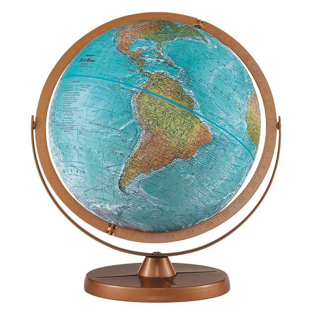 Vividly colored globe helps bring the world to life for students  Raised and indented relief areas provide a textured look and feel that accurately reflects the earths topography.  Land masses and oceans are depicted in realistic colors to show mountains, deserts, forests, grasslands and undersea features.  Plastic base for strength and durability.  Compact design is great for desks or placement on a shelf.
