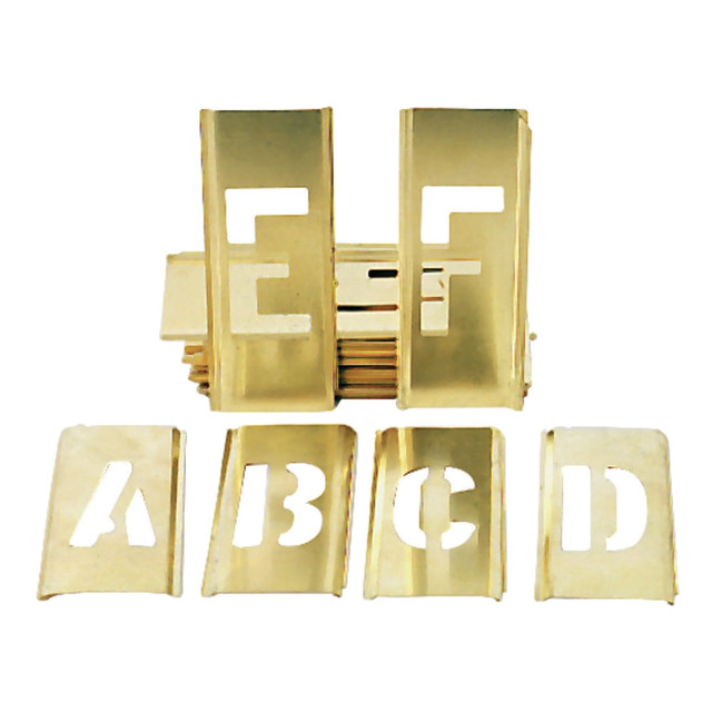 Create reusable stencils for marking shipments, signs and posters  Gothic style set of 45 characters can be used to form a single strip. Includes a complete alphabet, numbers 0-9, ampersand, common, apostrophe, period, 2 spacers and 3 end pieces.