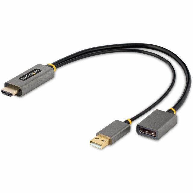 DISPLAY COMPATIBILITY: Connect the HDMI to DP Converter to the primary or secondary display (for extended desktop setup) - Tested at max resolution on a range of DP monitors from Dell, Samsung, Asus, Acer, and LG  4K 60HZ RESOLUTION: This HDMI to DP adapter supports up to 3840x2160 60Hz, HDR, HDCP 2.2, and 2ch DisplayPort audio - Utilizes the video capabilities of the host, enabling high performance video output - Supports ultrawide monitor resolutions  REDUCED PORT STRAIN: This HDMI to DisplayPort Adapter features a 1ft/30cm cable between HDMI and DP connectors, reducing strain on the ports - Attached 1ft/30cm USB power cable connects to a USB-A Port or Wall Charger - Extend USB cable with USBEXTAA6BK  HOST COMPATIBILITY: Plug and play setup works with any HDMI 2.0 source including a laptop, desktop, Ultrabook, MacBook or Chromebook from HP/Dell/Microsoft/Lenovo/Apple -  OS Independent - Backwards compatible with previous HDMI versions  HDMI TO DISPLAYPORT CONVERSION: This active adapter converts and boosts any HDMI 2.0 source to a DP 1.2 output for connecting a DisplayPort monitor - This adapter is not bi-directional and only works from a HDMI source to a DisplayPort display
