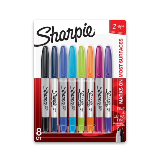 With two tips in one, Sharpie Twin Tip Permanent Markers let you express yourself any way you want. Bold to the max and permanent to the core, Sharpie permanent markers inspire you to transform ordinary surfaces into passionately creative statements. Made to write practically everywhere, vivid Sharpie markers eliminate dull and boring. Sharpie has iconic ink that dries quickly and resists both water and fading. While pale imitations wither away, Sharpie markers make creations that endure. Featuring both a bold fine point and a precise ultra-fine tip, Sharpie Super Twin Tip Permanent Markers ignite courageous self-expression.  Proudly permanent ink marks on paper, plastic, metal, and most other surfaces  Intensely brilliant colors create eye-popping, vibrant impressions  Remarkably resilient ink dries quickly and resists fading and water; AP certified  Endlessly versatile twin tip with both bold fine and precise ultra fine tips  Comes in a pack of 8 assorted fashion colors.  ACMI Certified AP Nontoxic. For detailed information see www.acmiart.org.  Conforms to ASTM D4236 standards. For detailed information see www.astm.org.  Less harsh chemicals - made with fewer harsh chemicals, or safer chemicals than typical alternatives, helping  reduce your use of and exposure to substances that may be more harmful to your health and the environment.