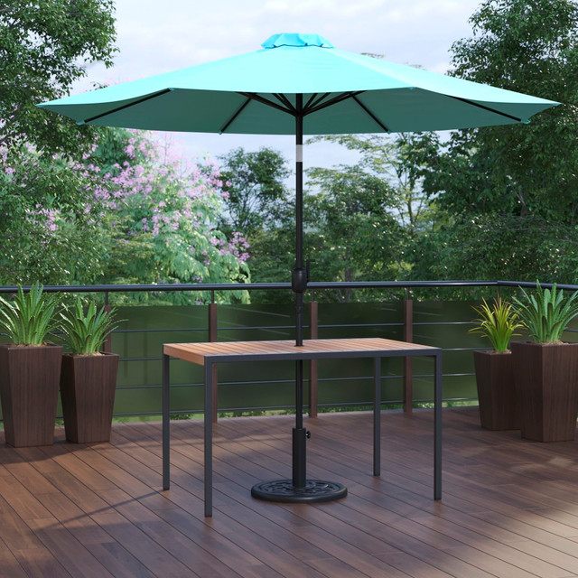 Update your outdoor entertainment area with a Flash Furniture Lark 3-Piece Outdoor Patio Table Set. This dynamic set includes a square slatted table with a sturdy powder-coated steel base for strength. The included umbrella can be tilted with a button for custom shading.  Includes a square patio table, umbrella and base.  Faux teak table boasts an umbrella hole.  Slatted top surface.  Powder-coated steel frame offers strength.  Umbrella features a 30+ UV-treated polyester vented top that withstands light breezes and rain.  Offers a smooth crank motion and 33 deg. push button tilt for custom shading.  Durable 30 lb cement-filled base holds umbrellas up to 10' wide.  Plastic covering helps to resist rot and weather damage.  Weight capacity tested to support 300 lb.  Assembly required.  This product is heavy and/or oversized and may need more than one person to handle.