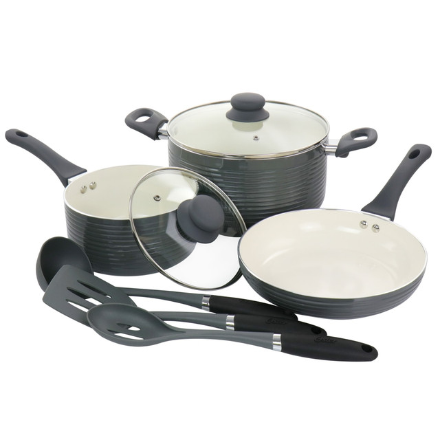 Create fantastic meals with your Oster Ridge Valley 8-piece aluminum non-stick cookware set. Each set includes a variety of tools to complete your kitchen setup.  Constructed from aluminum and nylon for lasting strength and even heat distribution.  Non-stick ceramic coating for easy pull-away cooking and simple cleanup.  Bakelite double-riveted ergonomic handles for easy mobility and stay-cool use.  Set includes a dutch oven with lid, sauce pan with lid, frying pan, turner, solid spoon and a slotted spoon.  Hand wash only.