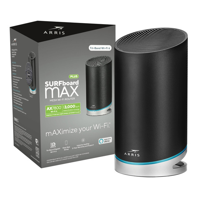 Enjoy swift speeds when downloading files, playing games online or streaming your favorite videos with this ARRIS SURFboard mAX Plus W30 Tri-Band Router. The wireless router uses 3 bands and a Wireless-AX signal to ensure optimal performance with your home or office network. Plus, the router is compatible with most modems and ISPs to simplify setup with your existing network.  Wireless-AX (Wi-Fi 6) delivers fast speeds and multiple bands to transfer large files, photos, music and stream videos. Backward compatible with 802.11a/b/g/n/ac devices.  Compatible with most Internet Service Providers and modems (sold separately).  Up to 7.8Gbps data transfer rates with Wireless-AX for fast, efficient operation.  Provides coverage for up to 3,000 sq ft.  Dedicated 4x4 backhaul between mAX routers.  Equipped with 4 Ethernet ports with available Link Aggregation Capability (LAC).  Built-in firewall helps provide added protection against outside threats.  Backed by the manufacturers 2-year limited warranty.