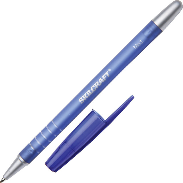 Sign documents, jot down notes and write messages with these AbilityOne pens. The plastic cap helps preserve the refillable ink supply.  Crafted with a stainless-steel tip and a tungsten-carbide point.  Rubberized barrel promotes a secure grip.  Smudge-resistant ink guards against fading over time.  SKILCRAFT rubber pens offer a long-lasting, refillable ink supply.  Includes 12 med-point rubber pens in blue.  Refillable - designed to be used repeatedly, helping you avoid single-use disposables and potentially save money.