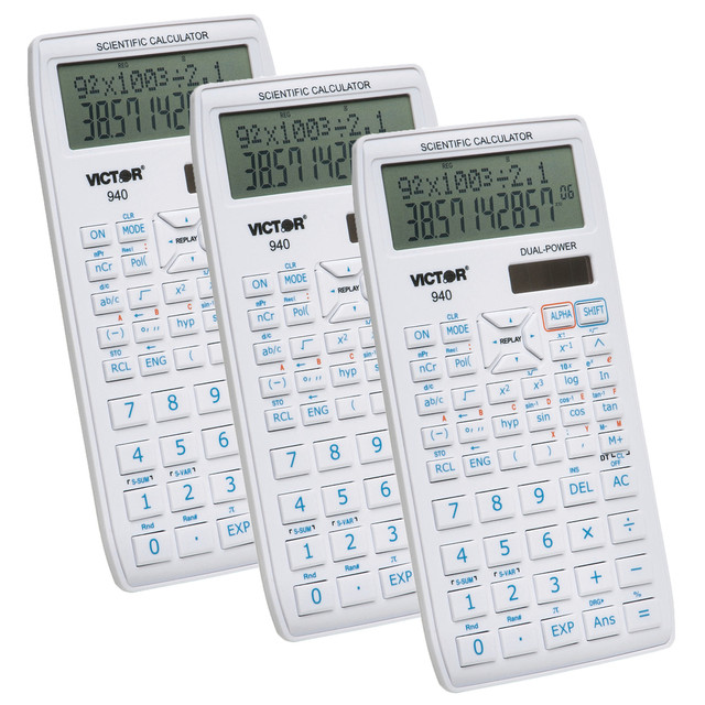 Perform complex calculations with the Victor 940 10-Digit Advanced Scientific Calculator. This calculator is designed for students in general math, algebra, science, statistics, trigonometry, geometry and other courses.  2-line display shows entries on the top line and results on the bottom line.  Designed with basic scientific functions and others, such as quadratic and cubic equations, coordinate conversion, trigonometry in degrees and radians, fractions, reciprocals and factorials.  Hard shell case provides protection.
