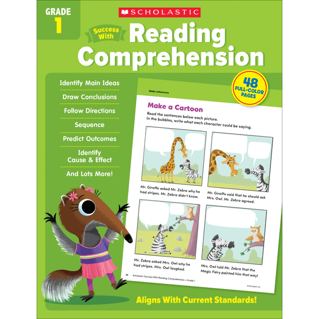 Practice important skills in the classroom with a Scholastic Success With Reading Comprehension workbook. Captivating stories are paired with comprehension-building puzzles and activities for immersive learning.  Incorporates key learning skills.  Provides targeted, motivating practice.  Includes more than 40 ready-to-reproduce pages.  Ideal for classroom or at-home use.