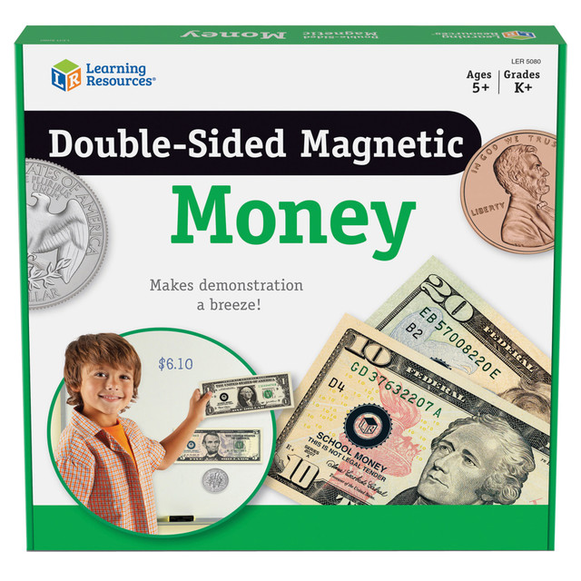 This money set is designed to look like real currency, so kids can get hands-on practice. The magnetic design helps support counting, identification and lessons in making change.  Includes 36 coins (pennies, nickels, dimes and quarters) and 9 bills (1-, 5-, 10- and 20-dollar denominations).  Fully updated, realistic details on each side help children understand the differences in currency. Oversize pieces can be easily seen at a distance.  Magnetic design sticks to refrigerators and metal surfaces.  Includes an activity guide to give you additional teaching ideas.  For pre-k to 8th grade.