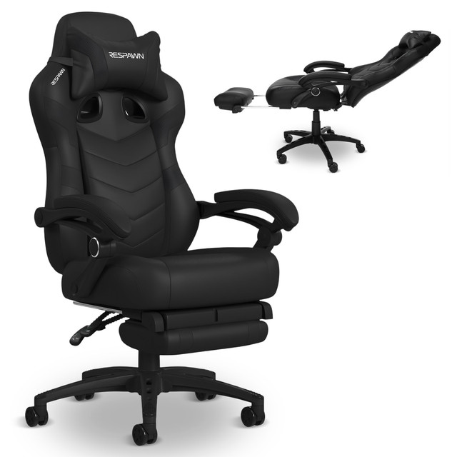 Stay comfortable during long gaming sessions while seated in the Respawn 110 Pro Ergonomic Bonded Leather Computer Gaming Chair. This chair features 2 layers of high-density foam padding and integrated lumbar support to help prevent aches and pains. Recline the backrest or raise and lower your seat to find your ideal gaming position.  Ergonomic gaming chair provides comfort throughout the day.  Weight capacity tested to support 275 lb.  High back with integrated lumbar support.  Thick segmented padding features 2 layers of high-density foam support.  Upholstered in sleek bonded leather.  Adjustable gaming chair features a 155 deg. reclining backrest, height and tilt mechanisms and linked armrests to provide full support when reclining.  Built-in extendable footrest offers lasting comfort.  Rolling, locking casters allow smooth mobility.  Assembly required.  Backed by the manufacturer's 5-year limited warranty.
