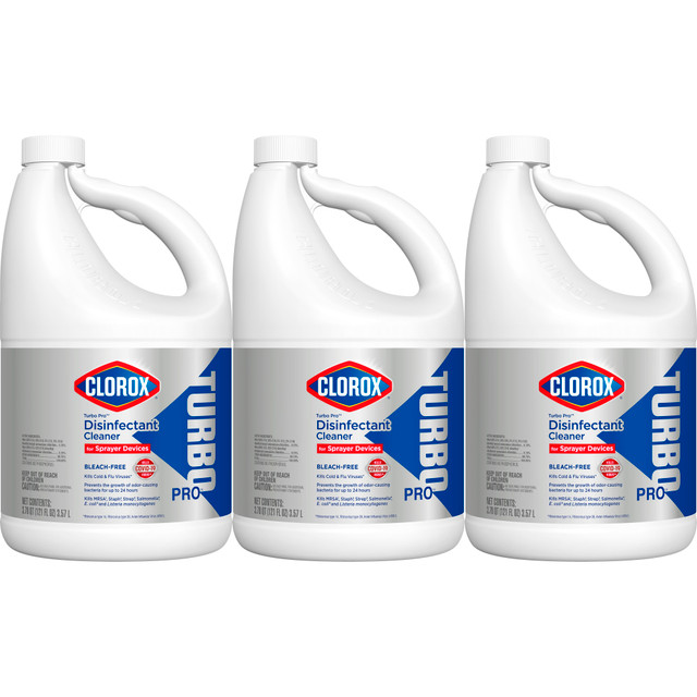 This Clorox disinfectant is formulated without bleach and leaves a clean, fresh scent, making it safe to use on colored soft surfaces. It is intended for use in kitchens, gyms, beauty salons, bathrooms, restrooms, clinics, reception areas, schools, offices and locker rooms.  Kills 99.9% of germs, viruses and bacteria, including COVID-19, and prevents the growth of odor-causing bacteria for up to 24 hours.  Use this formula to disinfect quickly and easily. When used with a sprayer device, all you have to do is spray, there's no wiping required.  Safe and effective for daily use on hard, non-porous surfaces like acrylic, chrome, glass, laminate, plastic, stainless steel, vinyl and soft surfaces such as linens, upholstery and mats.