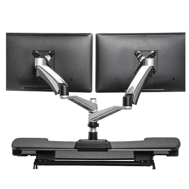 Switch seamlessly between 2 monitors with the dual-monitor arm from VARIDESK. Position adjustments allow you to change the height and angle of your monitors, making it easy to work with 2 screens at once and remain comfortable.  Universal desk clamp is compatible any desk surface up to 1-3/8in thick.  Dual-monitor arm holds 2 monitors at once so you can work in ergonomic comfort.  Tension adjustment enables effortless movement.  Adjustable arms rotate, tilt, raise and lower.  Weight capacity tested to support 19.8 lb per arm.  VESA standard compatible.  Backed by the manufacturers 5-year limited warranty.  Have the right tools in place to prepare your workforce to work from anywhere.