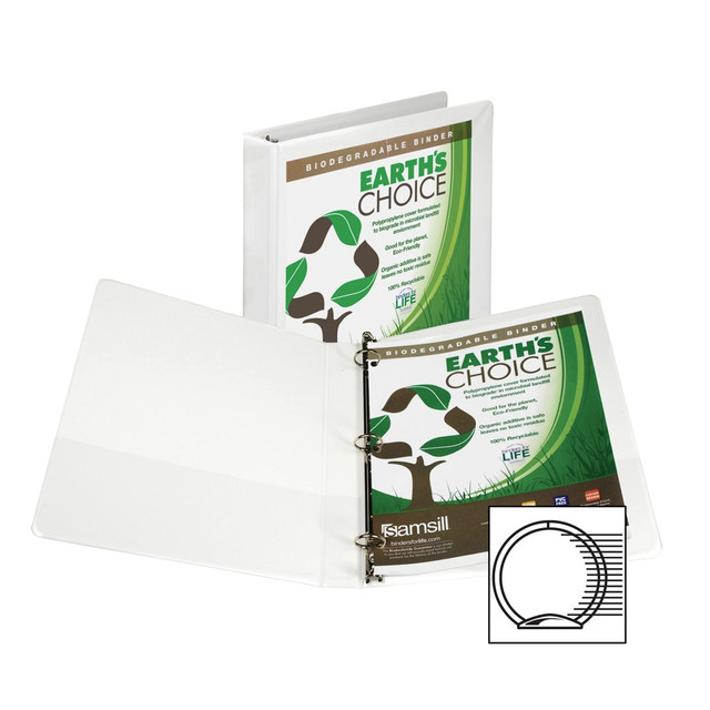 Finding the information you need quickly can help ensure that you are able to work efficiently during a busy day. With a fully customizable polypropylene cover, this Samsill Earths Choice insertable Vue binder is an easy way to keep your archived documents and paperwork neatly sorted.  Archival-safe, acid-free polypropylene will not lift copy.  Includes metal round rings mounted on back lid so pages lie flat.  2 clear inside pockets for storing additional loose papers.  White Vue binder has clear overlay covers to help you create a customizable exterior.  Binder with 1in rings provides ample space for your documents and papers.  Forest Stewardship Council (FSC) certified - made from wood/paper that comes from forests managed to rigorous environmental and social standards, supported by the worlds leading conservation organizations.  Leadership forestry - from forests or sourcing programs that meet specific environmental standards, helping you support practices that better protect forests and the environment.  Contains Recycled Content - See Specs for Details.