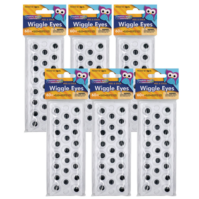 Bring your project to life with these Creativity Street Peel & Stick Wiggle Eyes. These versatile wiggle eyes donT require any messy glue.  Easy to adhere to different surfaces.  No glue required.  Each pack includes 60 black eyes in 3 sizes: 15mm, 18mm and 20mm.