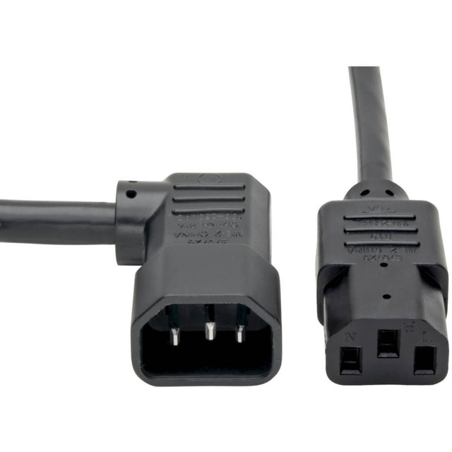 Durable construction. With a molded design, the cord is built to withstand everyday wear and tear, ensuring longevity and dependable performance in various environments.  Efficient power transfer. Featuring a 14 AWG wire, this power cable offers efficient power delivery, minimizing energy loss and ensuring connected equipment operates effectively.  Space-saving design. The right-angle C14 connector allows for flexible installation in tight spaces, reducing strain on the cable and maintaining airflow around connected devices.  Compliance with safety standards. The Eaton Heavy-Duty PDU Power Cord adheres to UL and RoHS standards, providing assurance of safety and environmental responsibility.  Versatile voltage rating. This power cord supports AC voltages ranging from 100 to 250 V, making it suitable for a wide array of devices and applications.