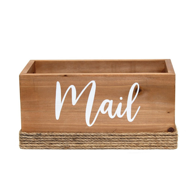 Keep your space organized with the Elegant Designs Homewood Farmhouse Rustic Wood Decorative Mail Holder. The open top accommodates a variety of standard-size letters, files and documents to keep your desktop clutter-free.  Made from 100% wood.  Bottom border features a rope-wrapped design.  Open top mail box accommodates standard-size letters, files and documents.  Features a "Mail" script centered across the front.  Weight capacity tested to support 13 lb.  Save time - no assembly required.