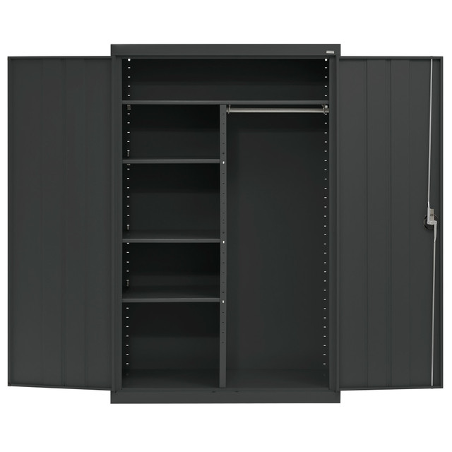 Round out your space with a Sandusky Elite Series 46inW Heavy-Duty Assembled Combination Storage Cabinet. Top, bottom and side shelves give you ample space to organize shoes, bags and other items. This wardrobe cabinet boasts an integrated garment bar to hang full-length clothing to help prevent wrinkles.  Heavy-duty cabinet constructed from 22-gauge steel.  Boasts a chip- and corrosion-resistant powder-coated finish.  Features a full-width top shelf, 3 adjustable side shelves and a bottom shelf.  Integrated garment bar for hanging full-length clothing.  Reinforced door stiffener panels.  Recessed handle features a 3-point locking system for security.  Weight capacity tested to support 1,150 lb (230 lb per shelf).  Save time - no assembly required.  This product is heavy and/or oversized and may need more than one person to handle.