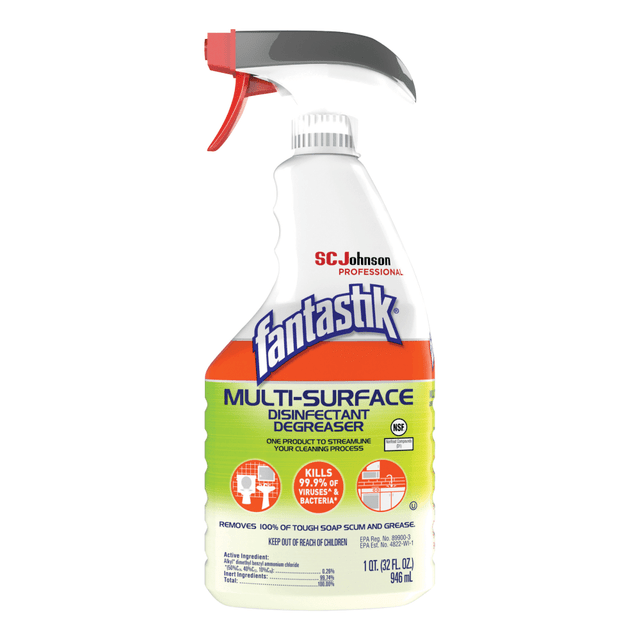 This professional multi-surface cleaner is a disinfectant degreaser that will help to streamline your cleaning process.  Fast-acting ingredients quickly kill 99.9% of germs to reduce cleaning time.  Perfect for cleaning grease, grime, adhesive, floor wax and more.  No residue to leave surfaces shining.  Fresh scent keeps areas smelling great as you clean.