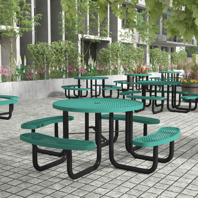 Always have the seating you need for lunch time, break time, or play time with this expanded metal mesh picnic table for 4.  Commercial Grade Picnic Table for up to 4 Adults  Available in Multiple Colors  Thermoplastic Coating Resists Fading and Stays Cool  Umbrella Hole Accommodates up to 3in Diameter Pole  Powder Coated Steel Frame with Ground Anchors  Rounded Corners for Safety  Holds up to 300 LBS. Static Weight Per Seat  Table Top Holds up to 400 LBS. Static Weight  Step-By-Step Assembly Instructions  Wipes Clean with a Damp Cloth  This product is heavy and/or oversized and may need more than one person to handle.
