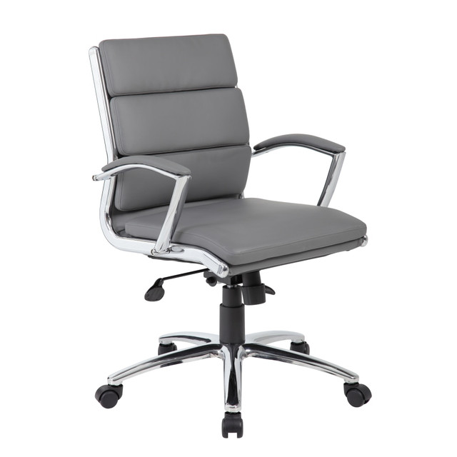 Soft, breathable upholstery keeps this chair comfortable, even during long sessions. The sleek metal accents add a contemporary look to your decor. The pneumatic seat-height adjustment makes it easy to adjust the height with just a touch.  Overall Dimensions: 41inH x 27inW x 27inD.  Weight capacity tested to support 250 lb.  Lumbar feature supports your lower back and enhances the natural curve of your spine.  Long-lasting CaressoftPlus upholstery offers a soft, comfortable feel, even when you are seated for extended periods.  Pneumatic seat-height adjustment makes it easy to adjust the height with just a touch.  2-paddle spring tilt mechanism with infinite lock helps you find a comfortable seating angle.  Adjustable tilt tension control allows you to lean back.  Chrome-plated arms have hard arm pads to keep your hands and forearms comfortable while typing.  27in chrome base feature hooded, double-wheel casters that let you easily move from area to area.  Assembly required.  Tested to meet ANSI/BIFMA Performance Standards - Manufacturer testing has been conducted on this product to meet specific performance requirements and safety standards set forth by the American National Standards Institute (ANSI) and the Business and Institutional Furniture Manufacturers.  Contains Recycled Content - See Specs for Details.